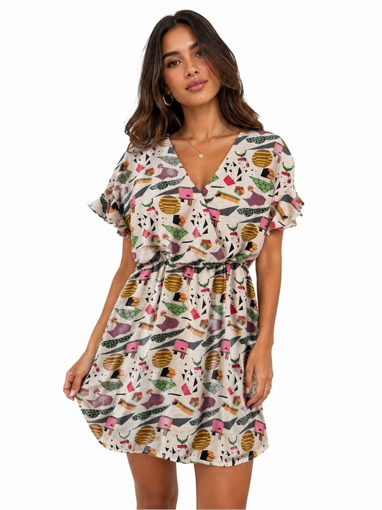 THML Dresses & Skirts - THML Retro Abstract Print Faux Wrap Flutter Ruffle Sleeves Mini Dress Sz M